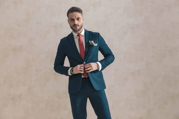 Sexy Young Man Beard Buttoning Closing Navy Blue Suit Wearing — стоковое фото