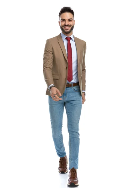 Picture Happy Guy Wearing Blue Jeans Sneakers Smart Casual Outfit — Stock Photo, Image