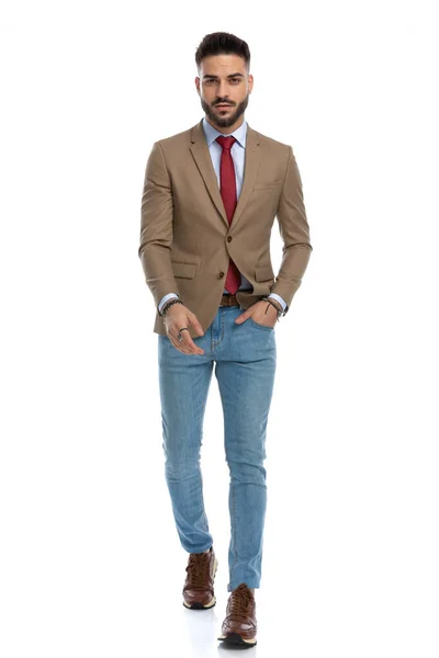 Full Body Picture Handsome Fashion Man Red Tie Holding Hand — Stock Photo, Image