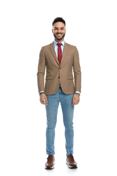 Full Body Picture Happy Smart Casual Man Red Tie Standing — Stock Photo, Image