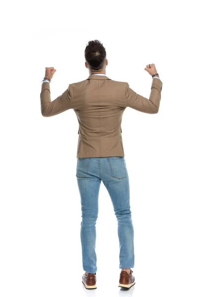 Back View Excited Man Fists Celebrating Victory Being Winner Posing — Stock Photo, Image