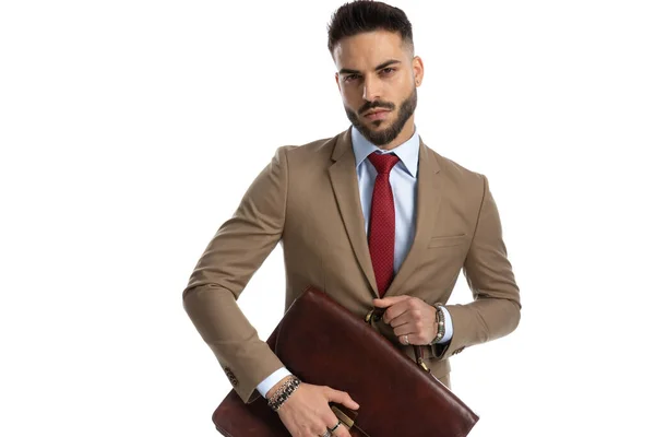 Handsome Elegant Man Red Tie Opening Leather Suitcase Posing Front — Stock Photo, Image