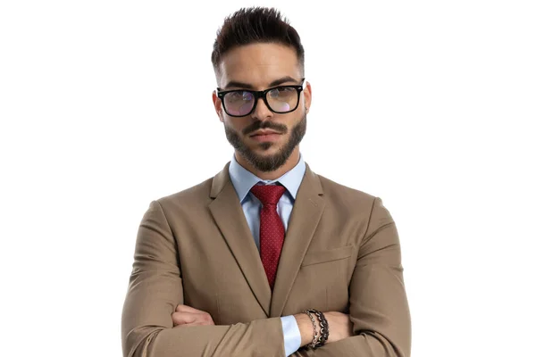 Porträt Eines Gutaussehenden Mannes Mit Roter Krawatte Brille Und Verschränkten — Stockfoto