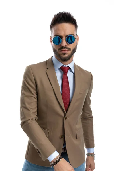 Portrait Cool Young Man Retro Sunglasses Confidently Posing Front White — Stock Photo, Image