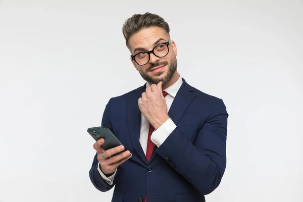 Happyman Smiling Dreaming While Holding Phone Texting Front White Background — Stock Photo, Image