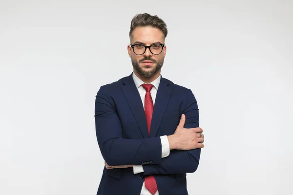 Confident Elegant Man Glasses Red Tie Crossing Arms Posing Front — Stock Photo, Image