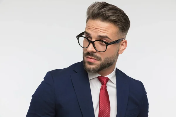 Portrait Sexy Businessman Glasses Looking Away Posing Front White Background — Stock Photo, Image