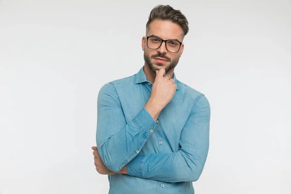 Sexy Fashion Model Looking Deep Camera While Touching His Chin — Stock Photo, Image