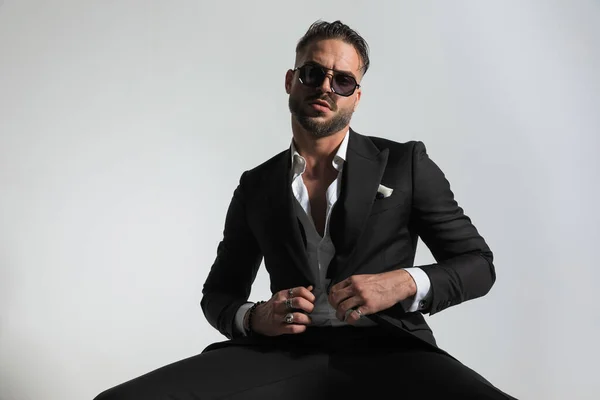 Fashion Elegant Young Man Sunglasses Closing Black Tuxedo Wearing His — Stock Photo, Image