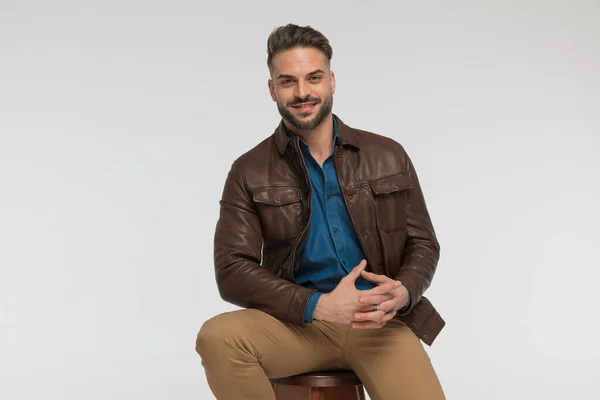 Happy Seated Man Wearing Brown Leather Jacket Sitting Wooden Chair — Stock Photo, Image