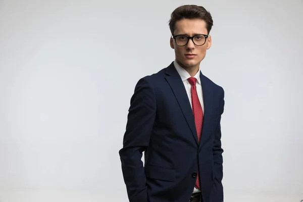 Portrait Sexy Young Guy Elegant Suit Holding Hands Pockets Posing — Stock Photo, Image