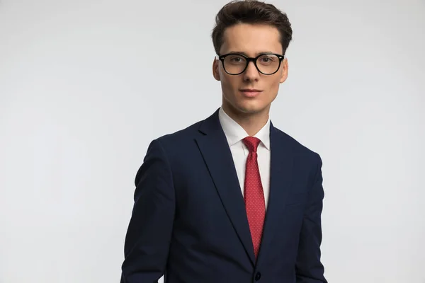 Portrait Happy Man Eyeglasses Wearing Suit Red Tie Smiling Front — Stock Photo, Image