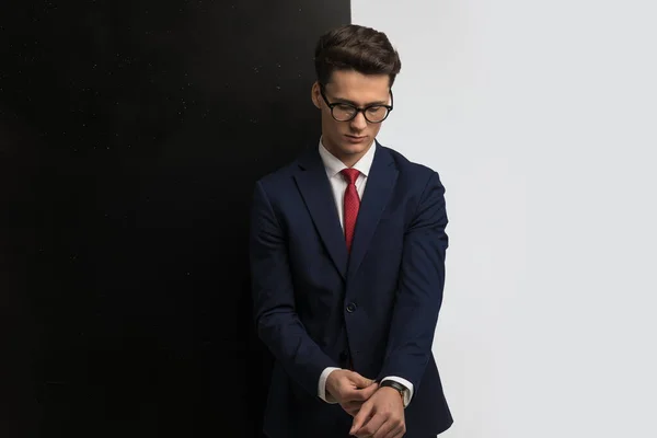 Attractive Young Businessman Adjusting Suit Sleeves Looking While Posing Front — Stock Photo, Image