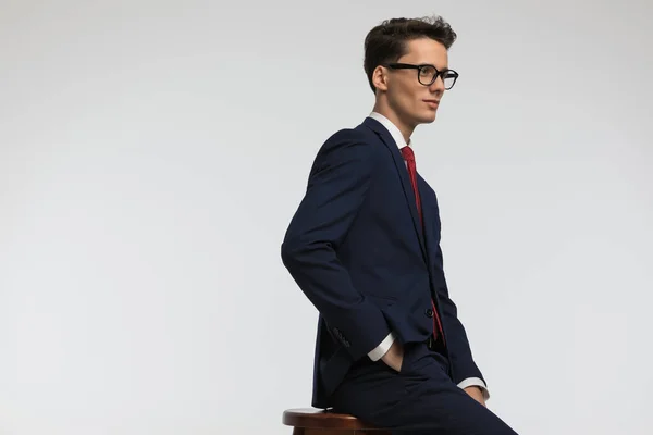 Side View Elegant Man Glasses Holding Hands Pockets Looking Away — Stock Photo, Image
