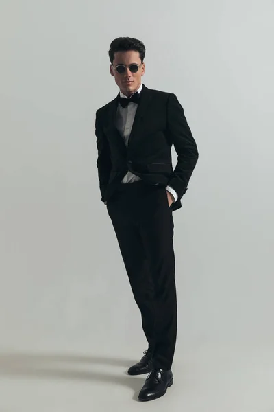 Full Body Picture Happy Young Man Stylish Modern Tuxedo Holding — Stock Photo, Image