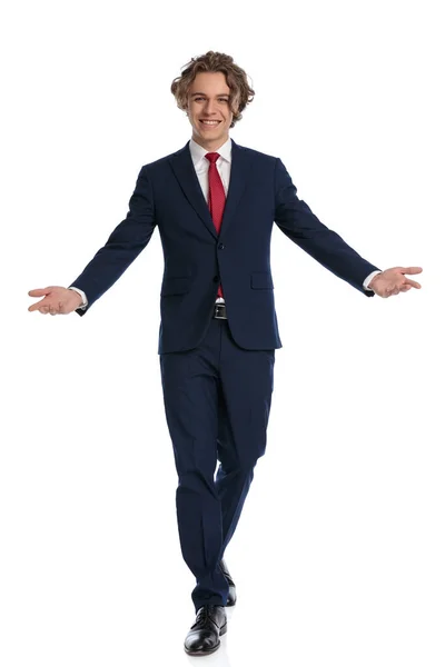 Full Body Picture Young Guy Curly Hair Wearing Suit Abrindo — Fotografia de Stock