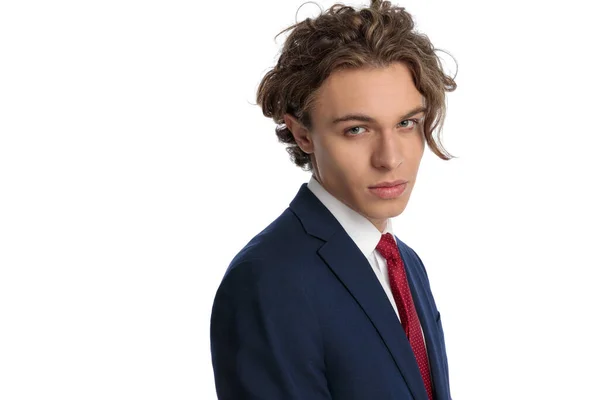 Portrait Handsome Businessman Long Curly Hair Blue Eyes Wearing Navy — Stock Photo, Image