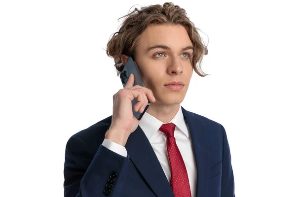 Portrait Elegant Businessman Blue Eyes Looking While Talking Phone Front — Stock Photo, Image