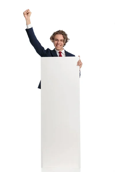 Excited Businessman Holding Empty Board Posing Fists Celebrating Winning Front — Stock Photo, Image