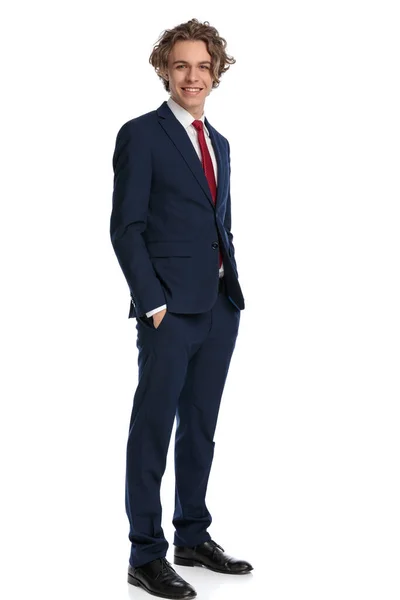 Full Body Picture Happy Young Businessman Smiling Posing Hands Pockets — Stock Photo, Image