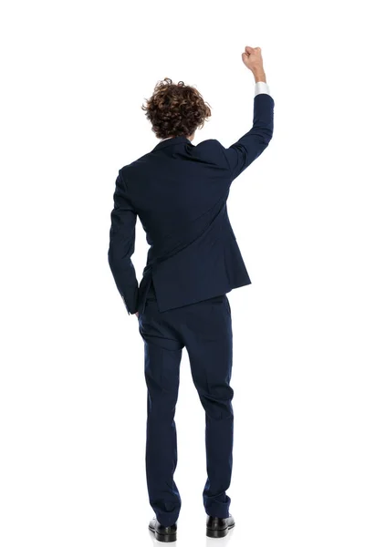 View Young Businessman Fist Air Celebrating Victory Front White Background — Stock Photo, Image