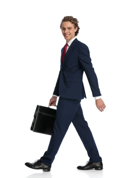 Side View Happy Young Businessman Suit Holding Suitcase Walking Front — Stock Photo, Image