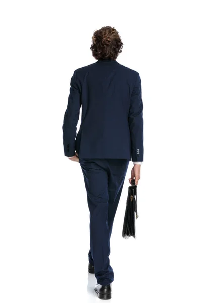 Back View Young Elegant Businessman Suit Long Curly Hair Holding — Stock Photo, Image