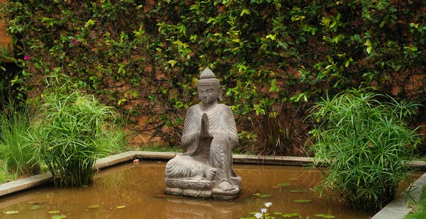 Statue Seigneur Bouddha Méditant Dans Jardin Entouré Eau Végétation — Photo