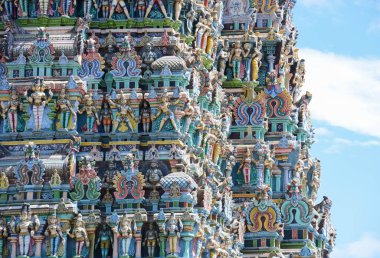 The beautiful Meenakshi Amman Temple in Madurai in the south Indian state of Tamil Nadu - close up of idols and decoration