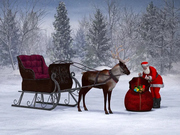 santa onun sleigh ride hazırlanıyor.