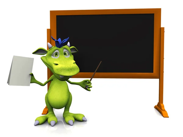 Cute cartoon monster standing in front of blank blackboard. — Stock Photo, Image