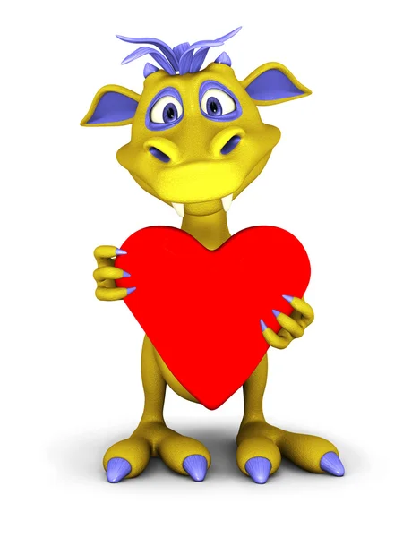 Cute cartoon monster holding big red heart. — Stock Photo, Image