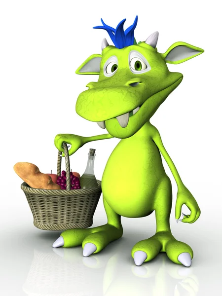 Cute cartoon monster holding a picnic basket. — Stock Photo, Image
