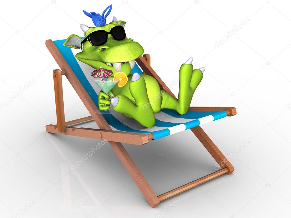 Cute Cartoon Monster Relaxing In A Beach Chair Stock Photo