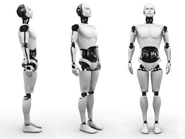 Robot maschio in piedi, tre diverse angolazioni . Immagine Stock