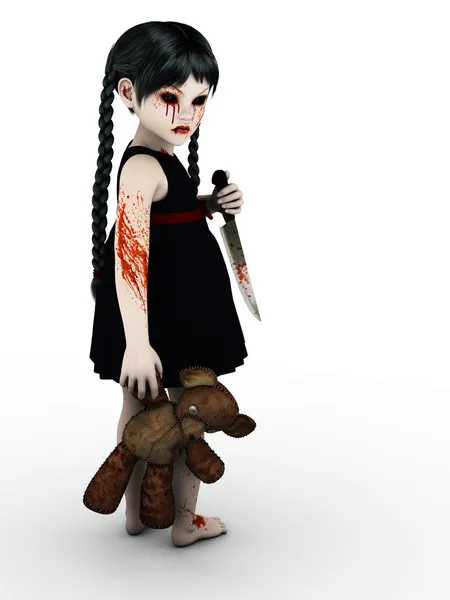 A gothic blood covered small girl with knife. — Stock Photo, Image