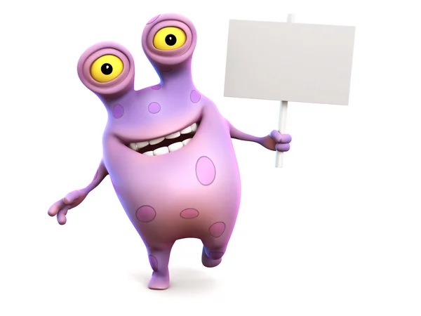 A pink spotted monster holding sign. — Stock Photo, Image