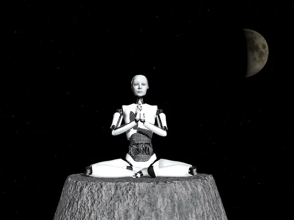 Robot woman meditating in space. — Stock Photo, Image