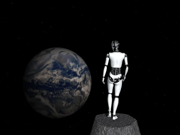 Robot woman looking at earth. — Stock Photo, Image