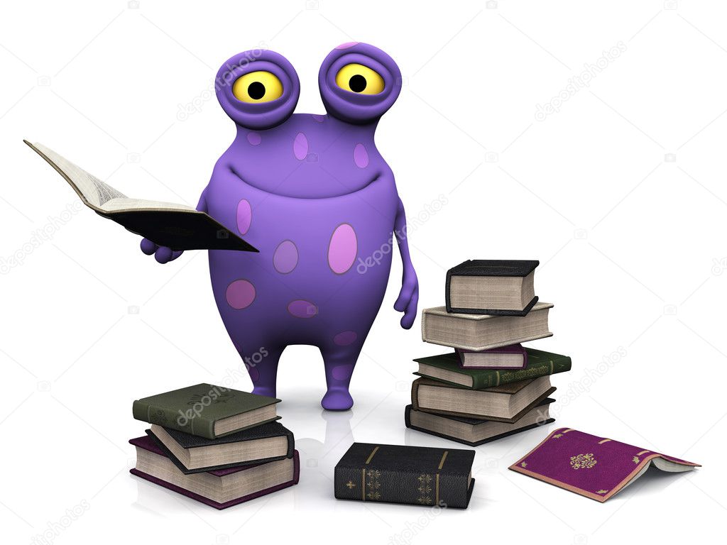 A spotted monster holding a book.