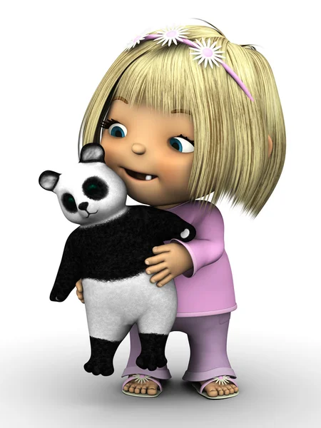 Aranyos kisgyermek lány holding panda medve. — Stock Fotó