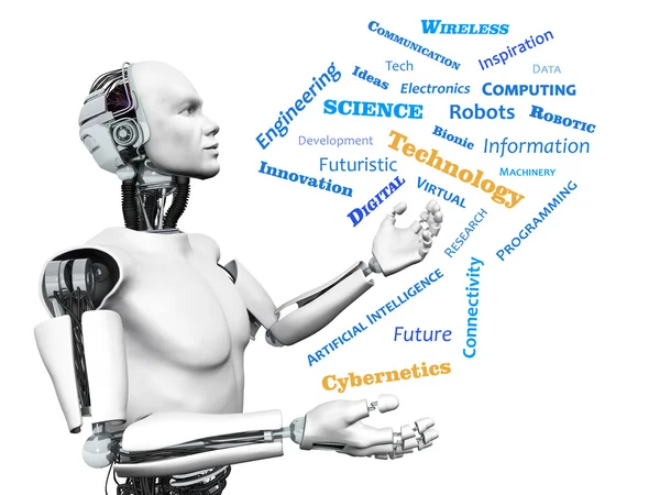 Robô masculino com tecnologia tema nuvem de palavras . — Fotografia de Stock