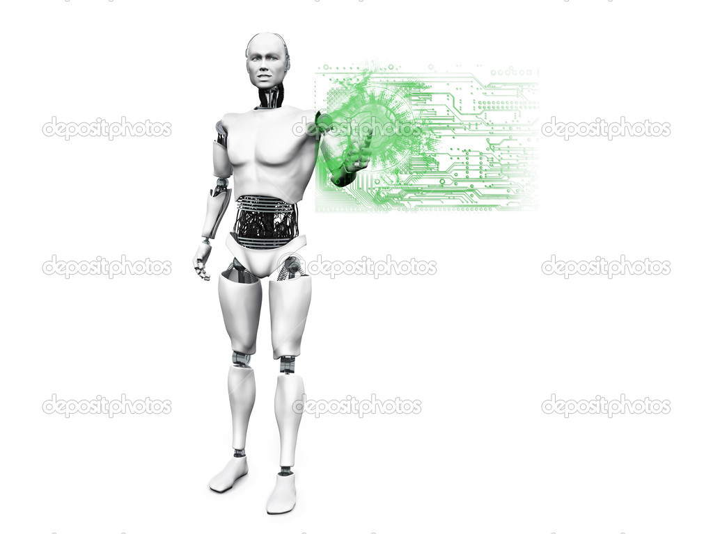 Male robot pushing technology button.