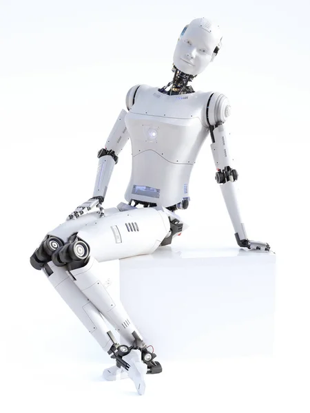 Ztvárnění Androidní Robotky Sedící Úsměvem Pózující Bílé Kostce Futuristický Koncept — Stock fotografie