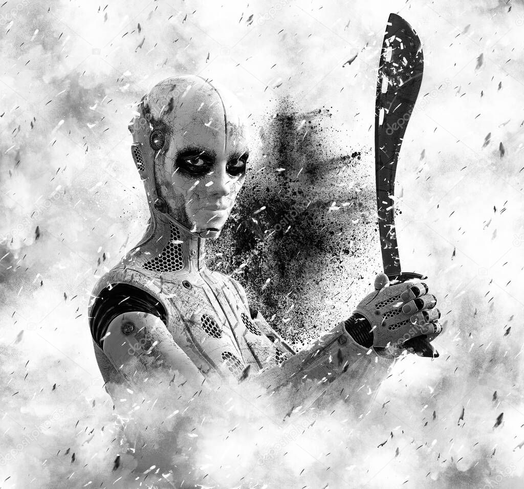 3D rendering in black and white of a robot woman holding a machete in her hands surrounded by smoke and fire sparks. Futuristic digital hero concept.