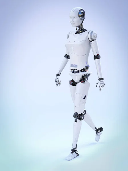 三维渲染一个笑着的机器人女人走路 蓝色的背景 人工智能或虚拟助手概念 — 图库照片