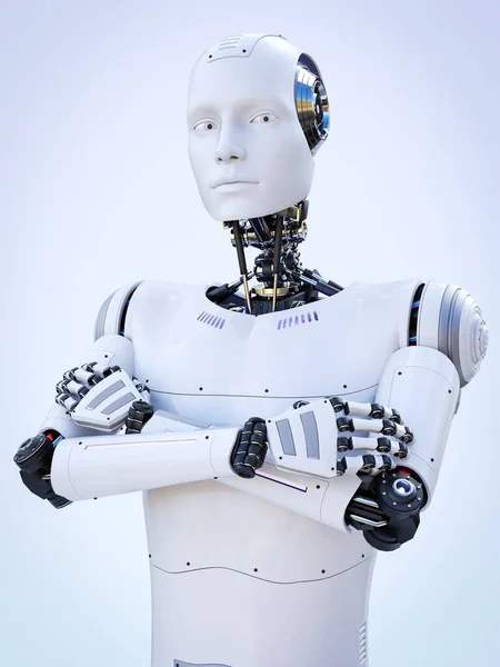 Rendering Android Robot Man Standing His Arms Crossed Light Bluish — Stockfoto