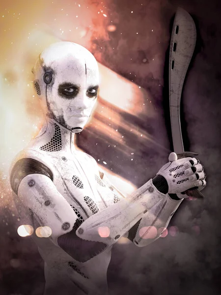 Rendering Robot Woman Holding Machete Her Hands Surrounded Smoke Fire — Foto de Stock