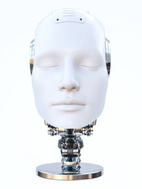 Üç boyutlu bir robot adam kafası, bir standa ya da podyuma kapatılmış halde. Beyaz arka plan. Gelecekçi ai kavramı.