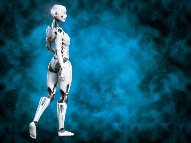 Sırtı kameraya dönük şekilde poz veren android robot bir kadının 3 boyutlu görüntüsü. Mavi alan ve yıldız arkaplanı.